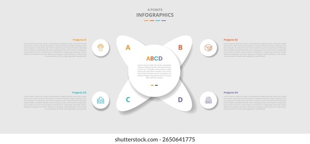 4 points template infographic with big circle and oval rotation on matrix quadrant with drop shadow style with four stage list information vector