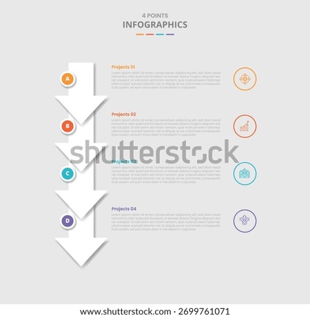 4 points template infographic with big arrow on vertical stacked list bottom direction with drop shadow style with three stage list information vector