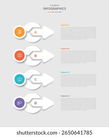 4 points template infographic with circle arrow merge shape on stacked list with drop shadow style with four stage list information vector