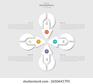 4 points template infographic with circle arrow centered point on center with drop shadow style with four stage list information vector