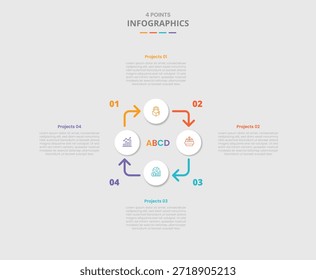 Infografía de Plantilla de 4 puntos con círculo con dirección de flecha en flecha circular con estilo de sombra paralela con lista de tres etapas Información Vector