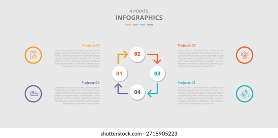 Infografía de Plantilla de 4 puntos con círculo con flecha en dirección circular circular con estilo de sombra paralela con lista de tres etapas Información Vector