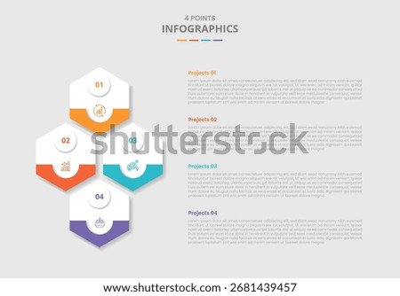 4 points template infographic with hexagon vertical structure with stacked list information with drop shadow style with four stage list information vector