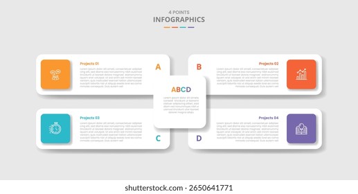 4 points template infographic with long rectangle box on quadrant structure with drop shadow style with four stage list information vector