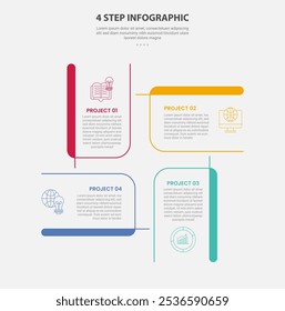 Estilo de contorno de infografía de Plantilla de 4 puntos con Plantilla de paso de 4 puntos con caja de rectángulo creativo Centro de base de ciclo circular para presentación de diapositivas Vector