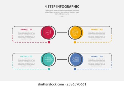 4 points template infographic outline style with 4 point step template with big circle edge and line container box with dotted line for slide presentation vector