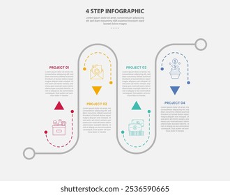 Estilo de contorno de infografía de Plantilla de 4 puntos con Plantilla de paso de 4 puntos con viaje por carretera hacia arriba y hacia abajo en dirección de línea para el Vector de presentación de diapositivas