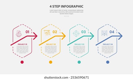 4 points template infographic outline style with 4 point step template with vertical hexagon with arrow on right direction for slide presentation vector