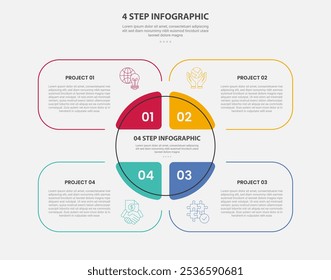 modelo de 4 pontos infográfico estilo de contorno com modelo de passo de 4 pontos com caixa redonda criativa com centro de círculo grande para vetor de apresentação de slide