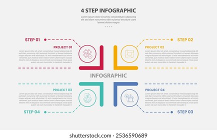 modelo de 4 pontos estilo de contorno infográfico com modelo de passo de 4 pontos com estrutura base de matriz quadrada com ponteiro de linha pontilhada para vetor de apresentação de slide