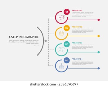 modelo de 4 pontos infográfico estilo de contorno com modelo de passo de 4 pontos com conexão de linha de estrutura vertical de círculo grande para vetor de apresentação de slide