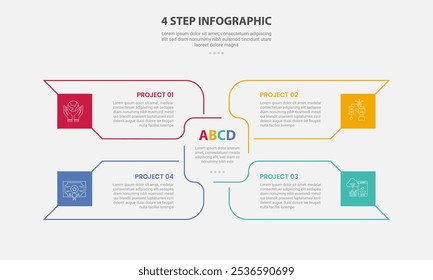 Estilo de contorno de infografía de Plantilla de 4 puntos con Plantilla de paso de 4 puntos con gran rectángulo Contenedor de flecha Centro de difusión para presentación de diapositivas Vector