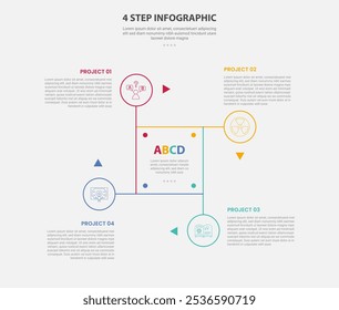 modelo de 4 pontos estilo de contorno infográfico com modelo de passo de 4 pontos com ciclo e forma circular na base quadrada com borda circular para vetor de apresentação de slide