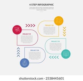 Estilo de contorno de infografía de Plantilla de 4 puntos con Plantilla de paso de 4 puntos con rectángulo redondo y círculo de flecha en el centro para el Vector de presentación de diapositivas