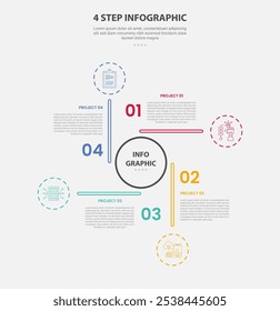 Estilo de contorno de infografía de Plantilla de 4 puntos con Plantilla de paso de 4 puntos con centro circular y línea larga con forma circular circular cíclica para Vector de presentación de diapositivas