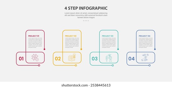 modelo de 4 pontos infográfico estilo de contorno com modelo de passo de 4 pontos com forma circular de linha criativa para vetor de apresentação de slide