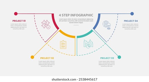 modelo de 4 pontos infográfico estilo de contorno com modelo de passo de 4 pontos com gráfico de pizza de semicírculo separado com ponto de linha longa para vetor de apresentação de slide