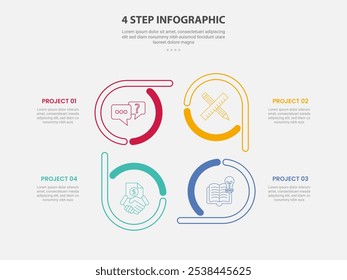 modelo de 4 pontos infográfico estilo de contorno com modelo de passo de 4 pontos com círculo criativo na direção circular do ciclo para o vetor de apresentação de slide