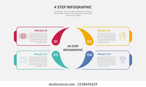 modelo de 4 pontos estilo de contorno infográfico com modelo de passo de 4 pontos com centro de base quadrado com base de forma fluida para vetor de apresentação de slide