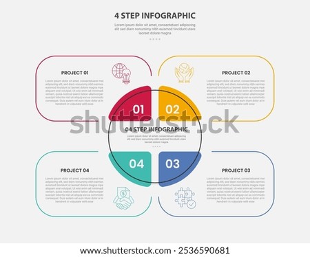 4 points template infographic outline style with 4 point step template with creative round box with big circle centre for slide presentation vector