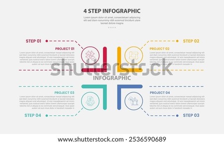 4 points template infographic outline style with 4 point step template with square matrix base structure with dotted line pointer for slide presentation vector