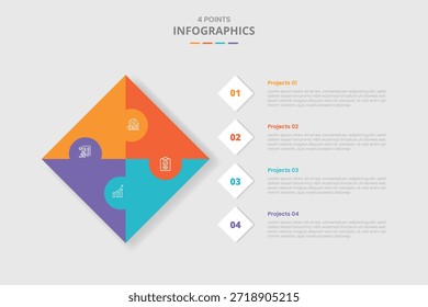 Infografía de Plantilla de 4 puntos con rompecabezas de rombo con Vertical lista apilada con estilo de sombra paralela con lista de tres etapas Información Vector