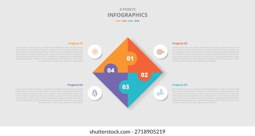 Infografía de Plantilla de 4 puntos con centro de rombo con conexión de rompecabezas con estilo de sombra paralela con lista de tres etapas Información Vector