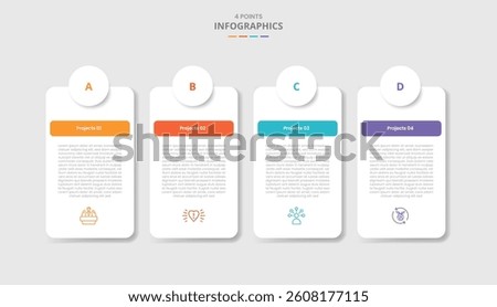 4 points template infographic with round rectangle box table with circle badge on top with drop shadow style with four stage list information vector