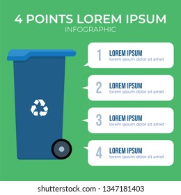 4 points with wheeled trash can illustration, infographic element vector, can be used for describing how to reduce waste or garbage, the proccess of waste treatment, types of garbage.
