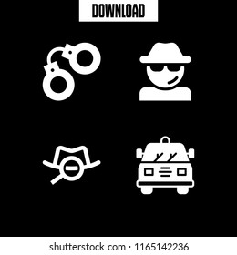 4 police vector icon set with handcuffs, spy and police car icons for mobile and web