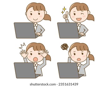 4 pose set of suit women working on a computer in the office _ be surprised _ hold your head _ female employees who like