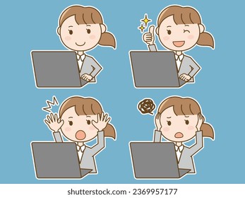 4 pose set of a woman in a suit working on a computer in the office_Surprising_Holding her head_Female employee giving a thumbs up_With white border