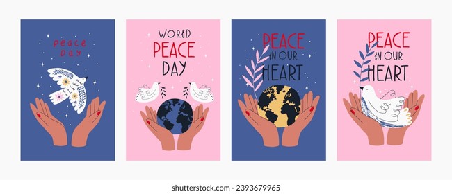 4 postcards international day of peace. Banner with dove, hands, lettering. Banner, card with symbol of no war, world peace. Vector illustration. 