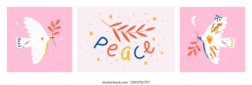 4 Postcards International Day Of Peace. Banners with dove, lettering. Banner, card with symbol of no war, world peace. Vector illustration. 