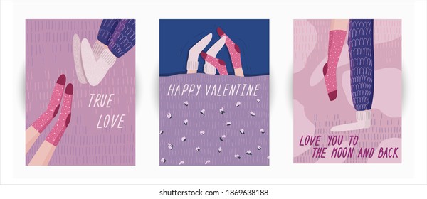 4 poster banners for Happy Valentine's day. People in funny socks. Trendy colorful vector illustration in flat style