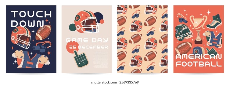 4 posters on american football theme. Banner invitation to football match. Team game. Pattern with ball, referee whistle and helmet. Vector illustration in flat cartoon style.