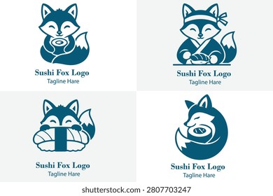 4 Premium Modern Minimalist Mascot Astronaut Sushi Fox Logo Bundle Black and White Clean Vector.