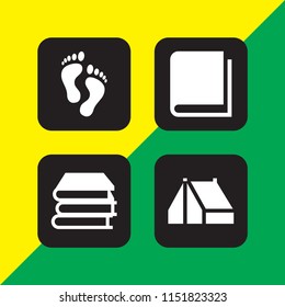 4 print icons in vector set. tent, human footprints and book illustration for web and graphic design
