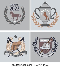 4 prints with horses,  with saddle, bridl, crop and horseshoe, cup,
coat ogf arms, riding hat, vector illustration, classic style