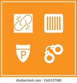4 prison vector icon set with jail, broken link, police sign and handcuffs icons for mobile and web