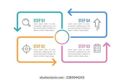 4 Las flechas de proceso son infográficas de línea a éxito. Ilustración vectorial.