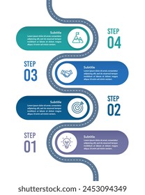 4 Prozess-Infografik-Roadmap-Design-Vorlage. Meilenstein, Zeitplan, Schritte und Option zum Erfolg. Vektorillustration.