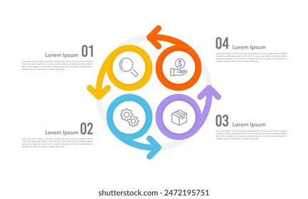 4 proceso o pasos. Elemento infográfico círculo y flechas diseño Plantilla. Presentación empresarial, Informe, Datos y Planificación. Ilustración vectorial.