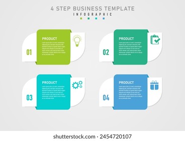 4 product infographic templates. Multi-colored squares on top with white letters in the middle, acute-angled squares on the bottom left with numbers on the bottom, on the right with icons on top. svg