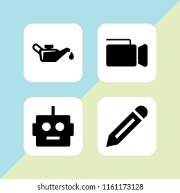 4 production icons in vector set. oil, robot, video camera and edit illustration for web and graphic design