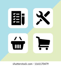 4 products icons in vector set. shopping store cart, shopping list, wrench and shopping basket illustration for web and graphic design