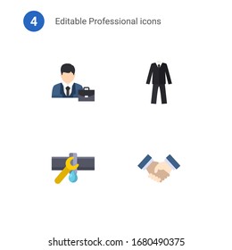 4 professional flat icons set isolated on . Icons set with suit, Plumbing service, partnership icons.