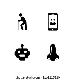 4 profile icons in vector set. old man walking, artificial, big nose and smartphone with emoticon illustration for web and graphic design