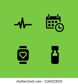 4 pulse icons in vector set. pulsometer, pulse line, calendar with a clock time tools and vial illustration for web and graphic design
