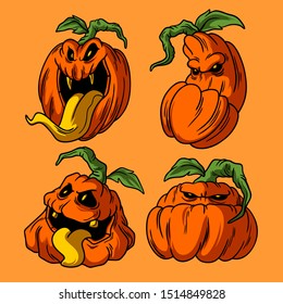 4 pumpkins Halloween illustrations hand drawn style